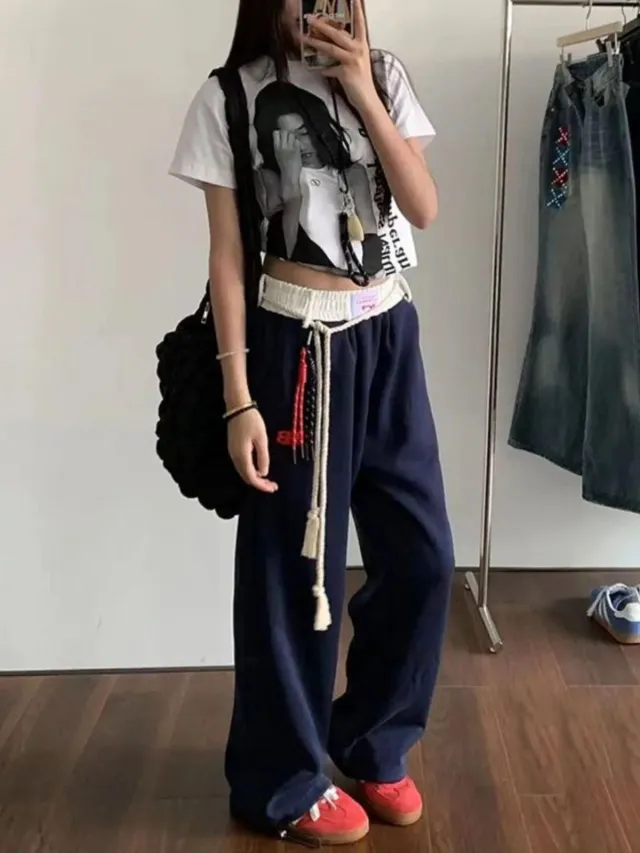 Retro Casual Pants Sweatpants For Women Autumn And Winter Navy Blue With Fleece Lining - Shop at LoveMi