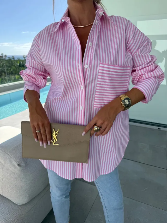 Spring Summer Long Sleeve Lapel Shirt Striped Print Lapel Shirt With Irregular Hem Button Placket Casual Loose Women's Blouses Pink - Shop at LoveMi