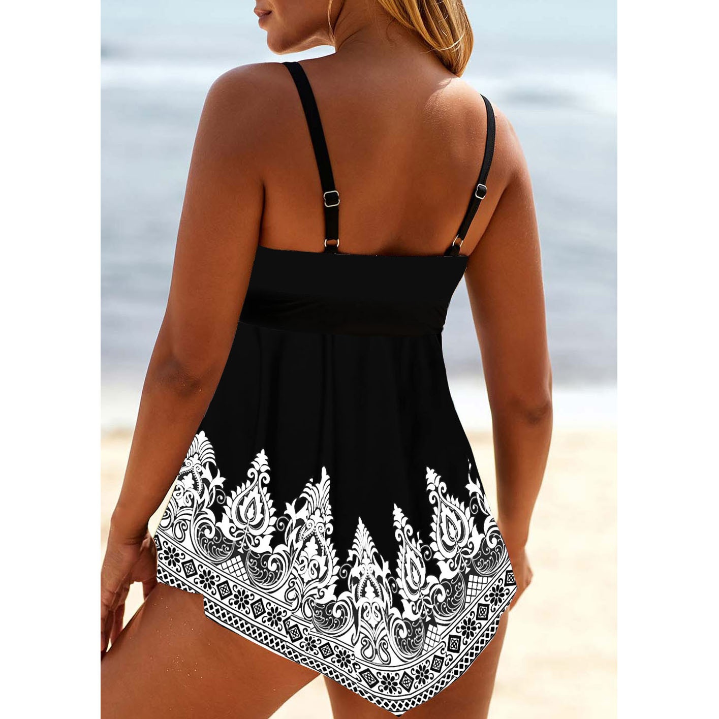 Women’s Printed Strap Deep V Plus Size Skirt Swimsuit