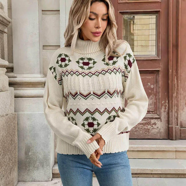 Ethnic Pattern Turtleneck Pullover Sweet Sweater Beige - Shop at LoveMi