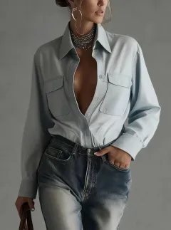 Stylish Relaxed-fit Long-sleeve Collar Shirt For Women - Blue - View 1