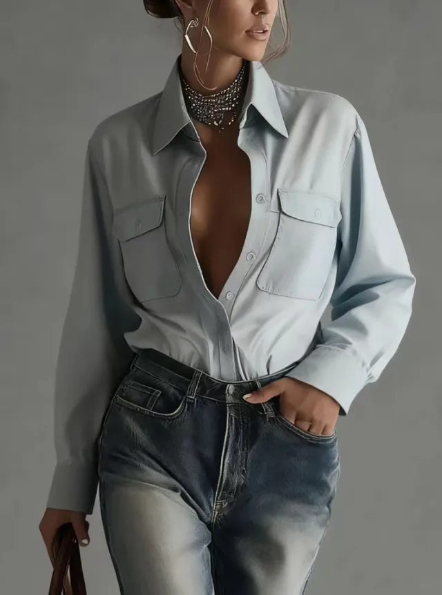 Stylish Relaxed fit Long sleeve Collar Shirt For Women Blue - Shop at LoveMi