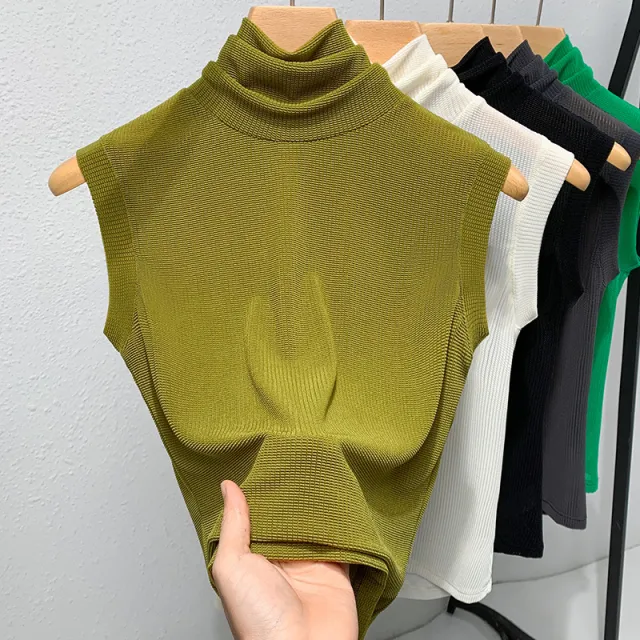 Ladies New Turtleneck Grenadine Solid Color Waist Tight Sleeveless Top Yellow Green - Shop at LoveMi