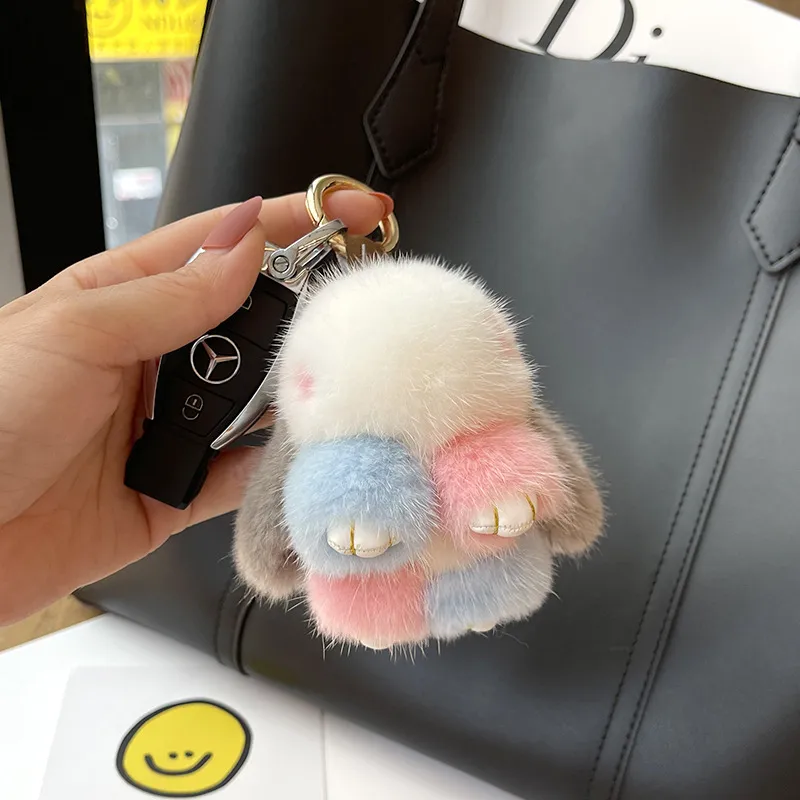 Mink Plush Cute Net Red Rabbit Pendant Keychain - Rainbow Colour Leather Feet