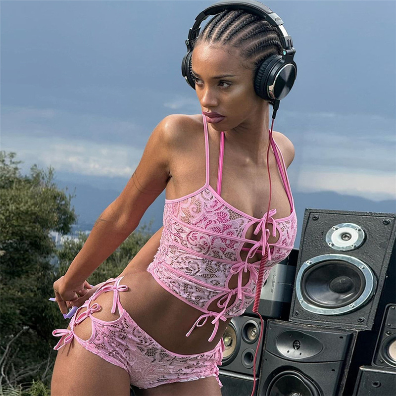 Fashion Lady Slim Fit Midriff-baring Lace Up Lace Suit