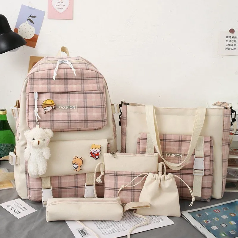 Backpack Japanese Cute Grid Elementary School Book - Pink