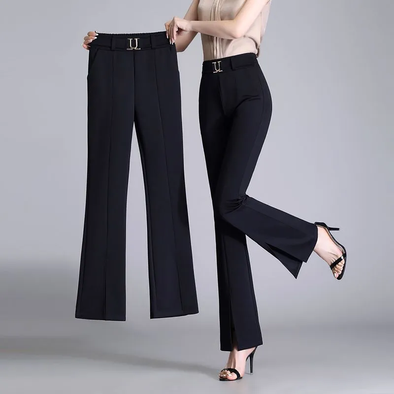 Women's High Waist Casual Wide And Long Cropped Pants - Black Trousers