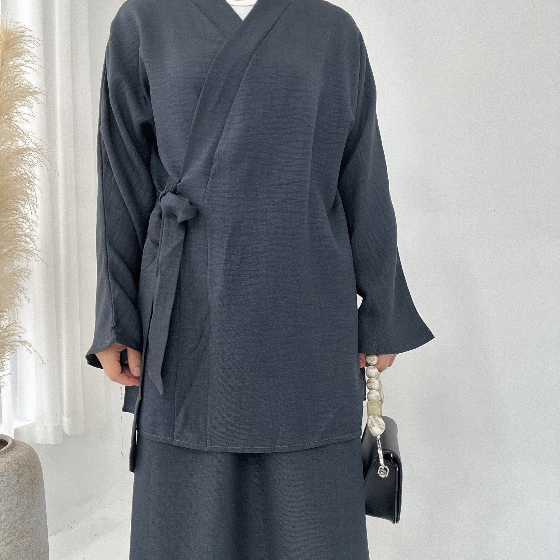 Solid Color Casual Lace Up Middle East Dubai Top And Skirt Suit