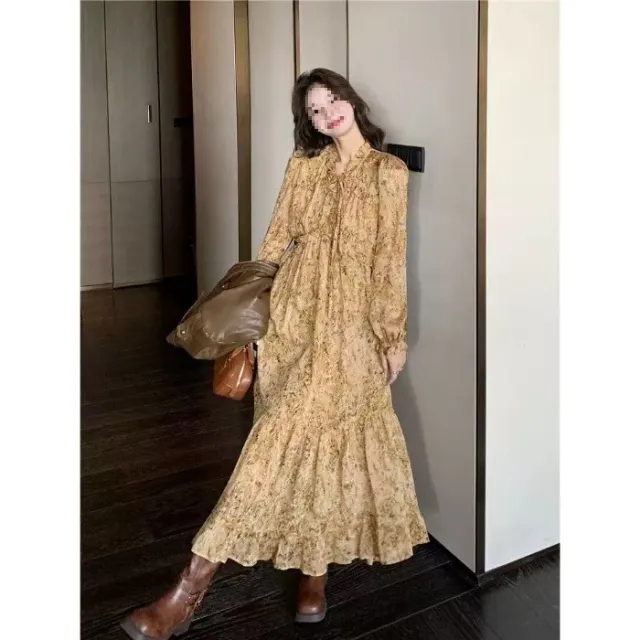 Spring Autumn French Style Floral Print Dress Yellow - Shop at LoveMi