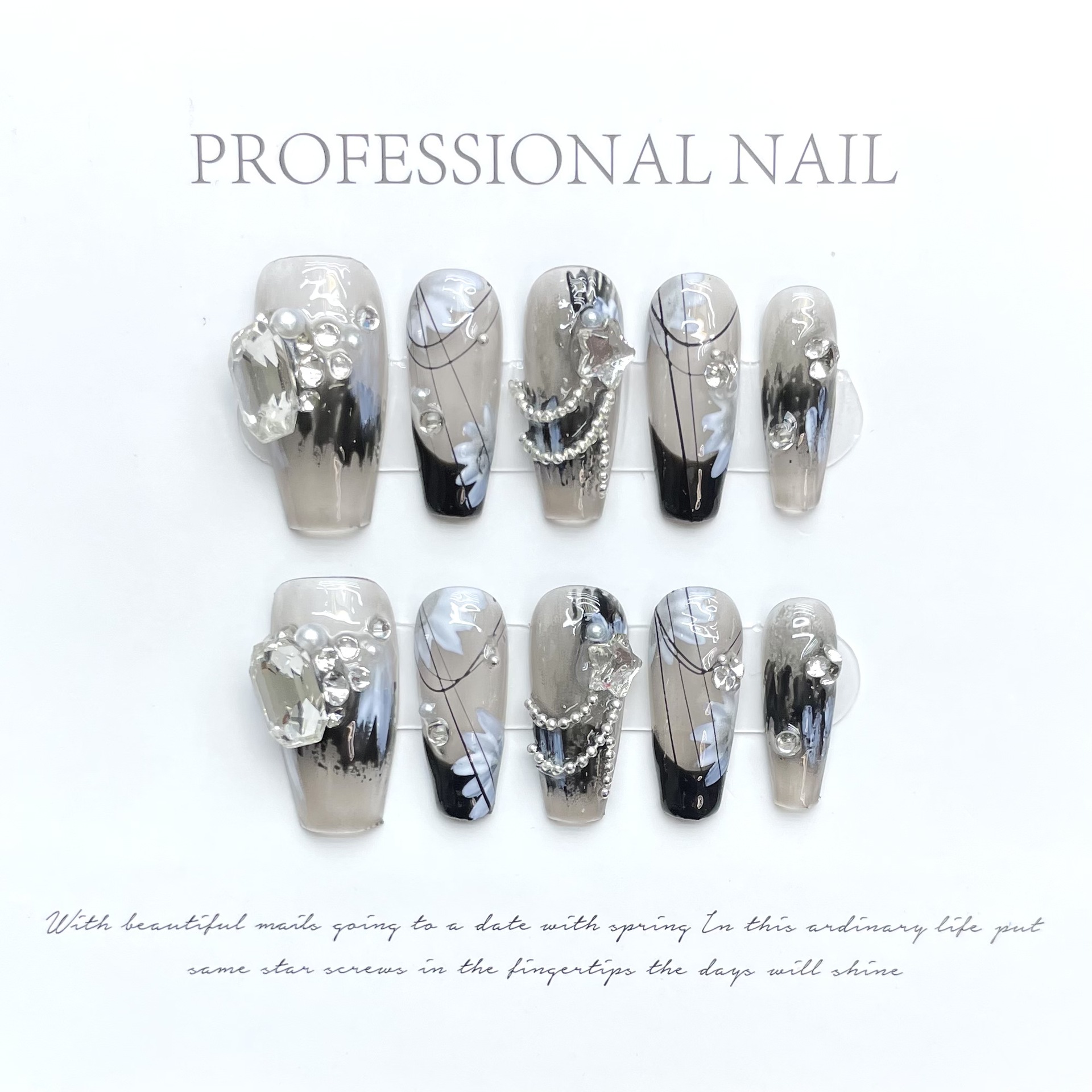 Mysterious Black-themed New Chinese-style Icy-cool Rhinestone Nail Tips For Wear