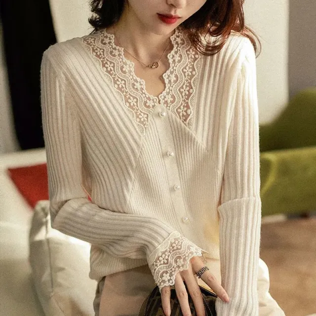 Inner Lace Knitted V neck Bottoming Shirt Apricot - Shop at LoveMi
