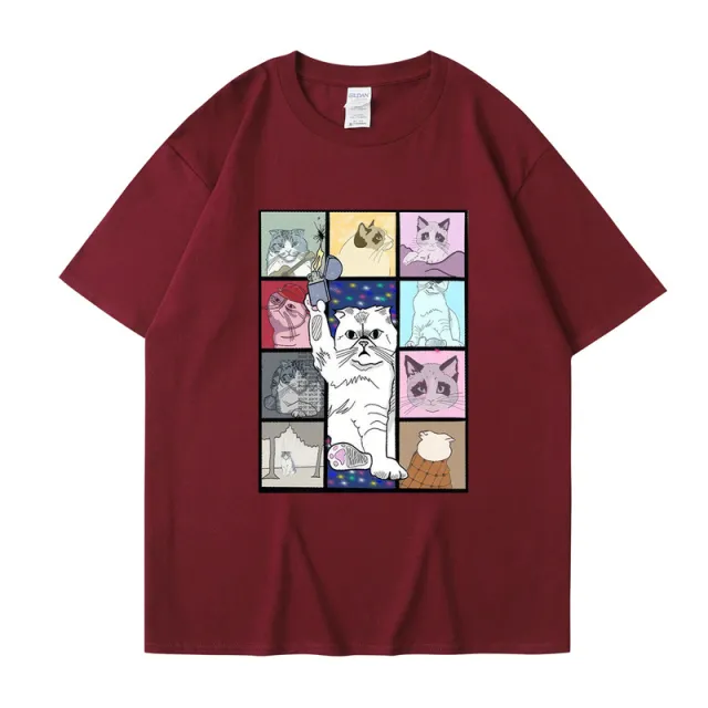 Animal Dog Cat Printed T shirt Loose Hip Hop Street Wine Red - Shop at LoveMi