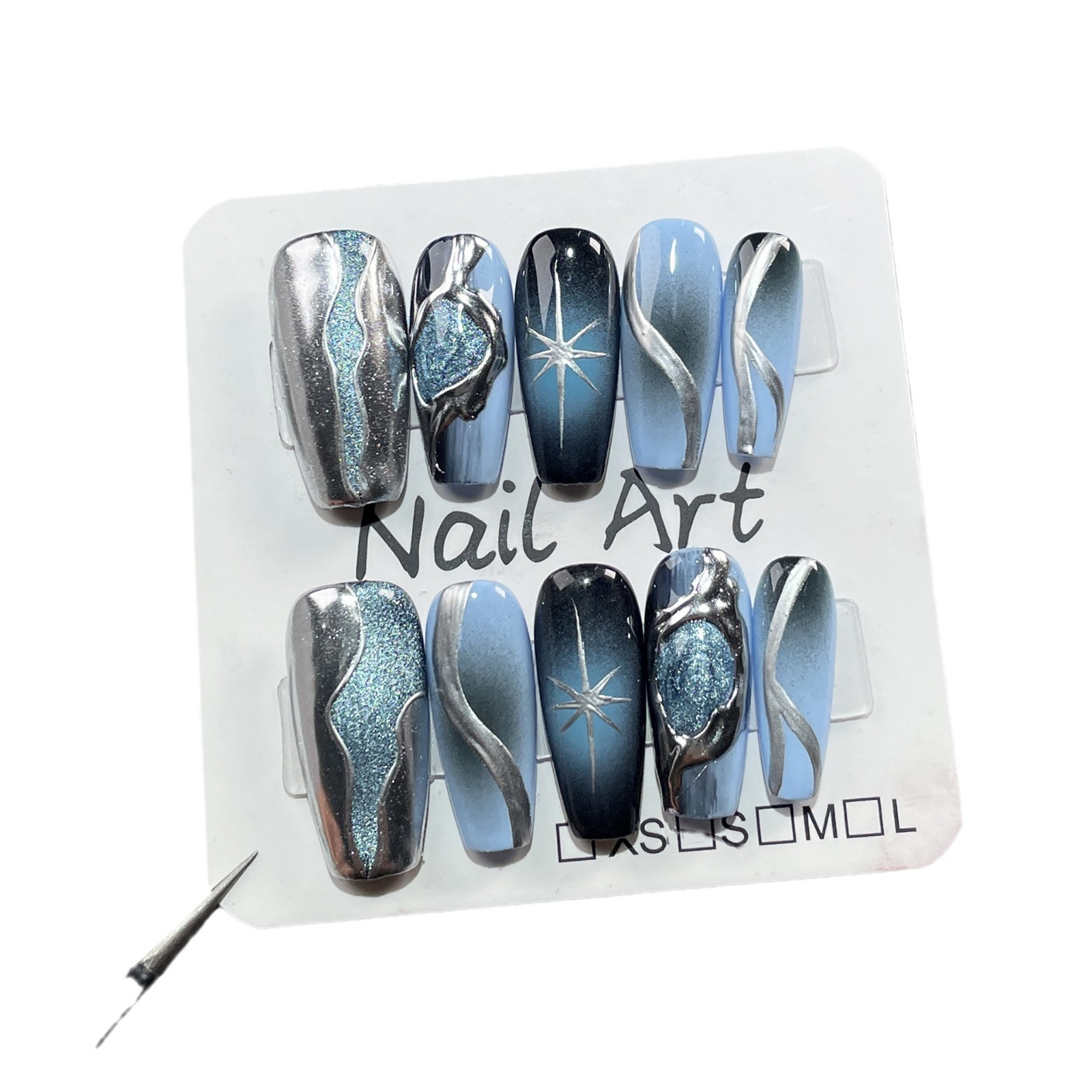 High-end 3D Cat-eye Wearable Nails In A Black-to-blue Gradient