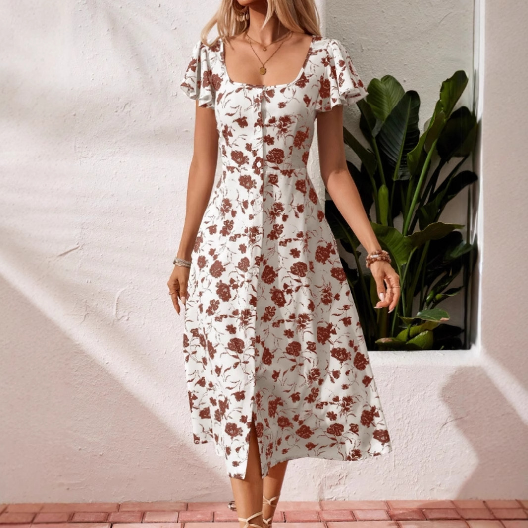 European And American Square Collar Button Bohemian Dress