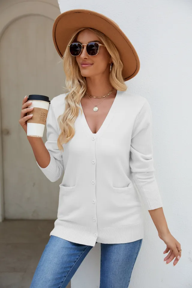Knitted Cardigan Sweater Women V neck Long Sleeve Single Breasted White - Shop at LoveMi