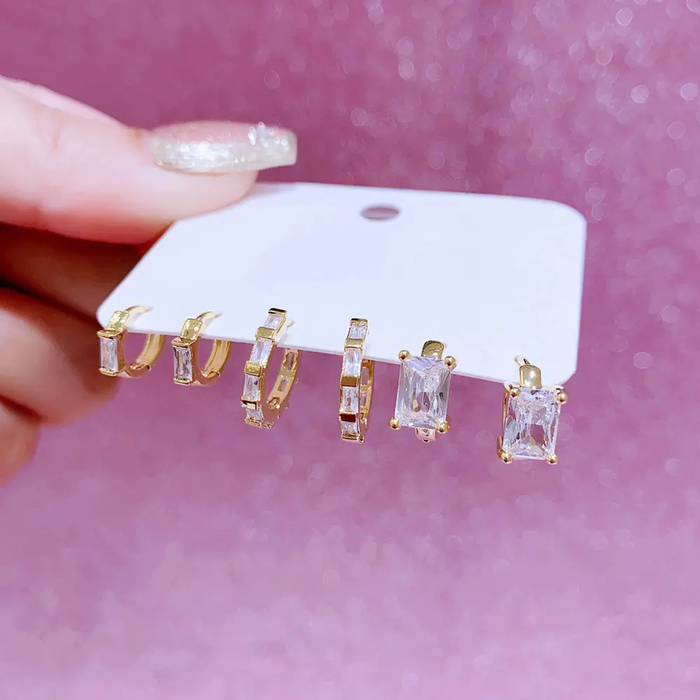 Simple And Exquisite Square Zircon Earrings Ear Ring Three Pairs Suit