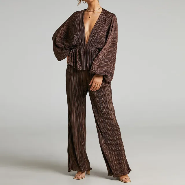 Women's New High Elastic Pleated Waist Deep V Casual Wide leg Pants Two piece Set Coffee - Shop at LoveMi
