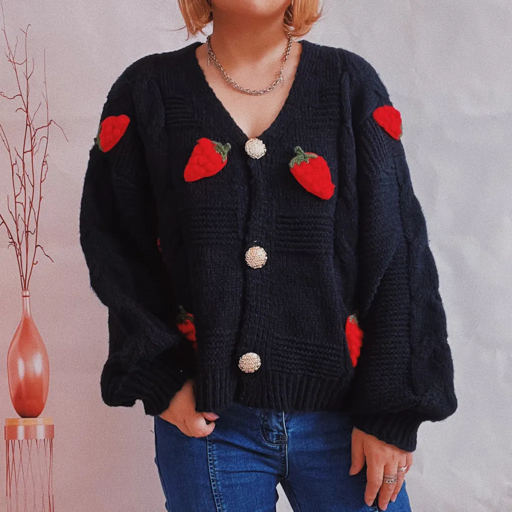 Women's Fashion Casual Loose Strawberry Embroidery Single-breasted Sweater - Black