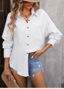 Women's Drop Shoulder Champray Long Sleeve Shirt White - Shop at LoveMi