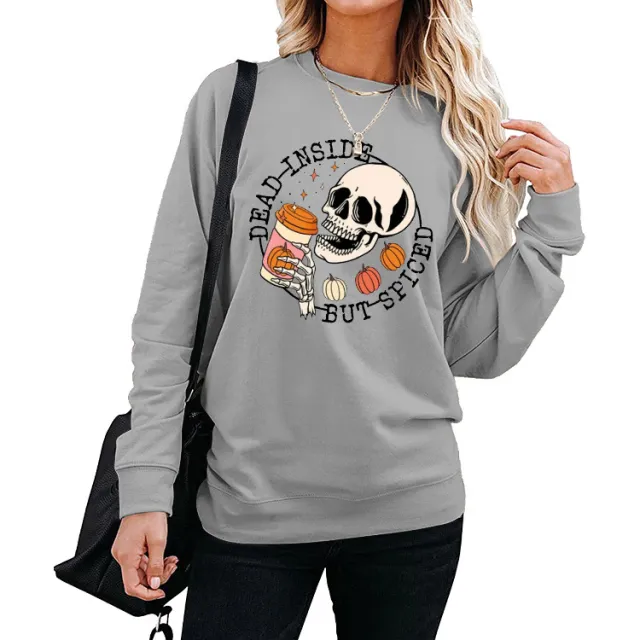 Winter Print Round Neck Long Sleeve Sweater Gray - Shop at LoveMi