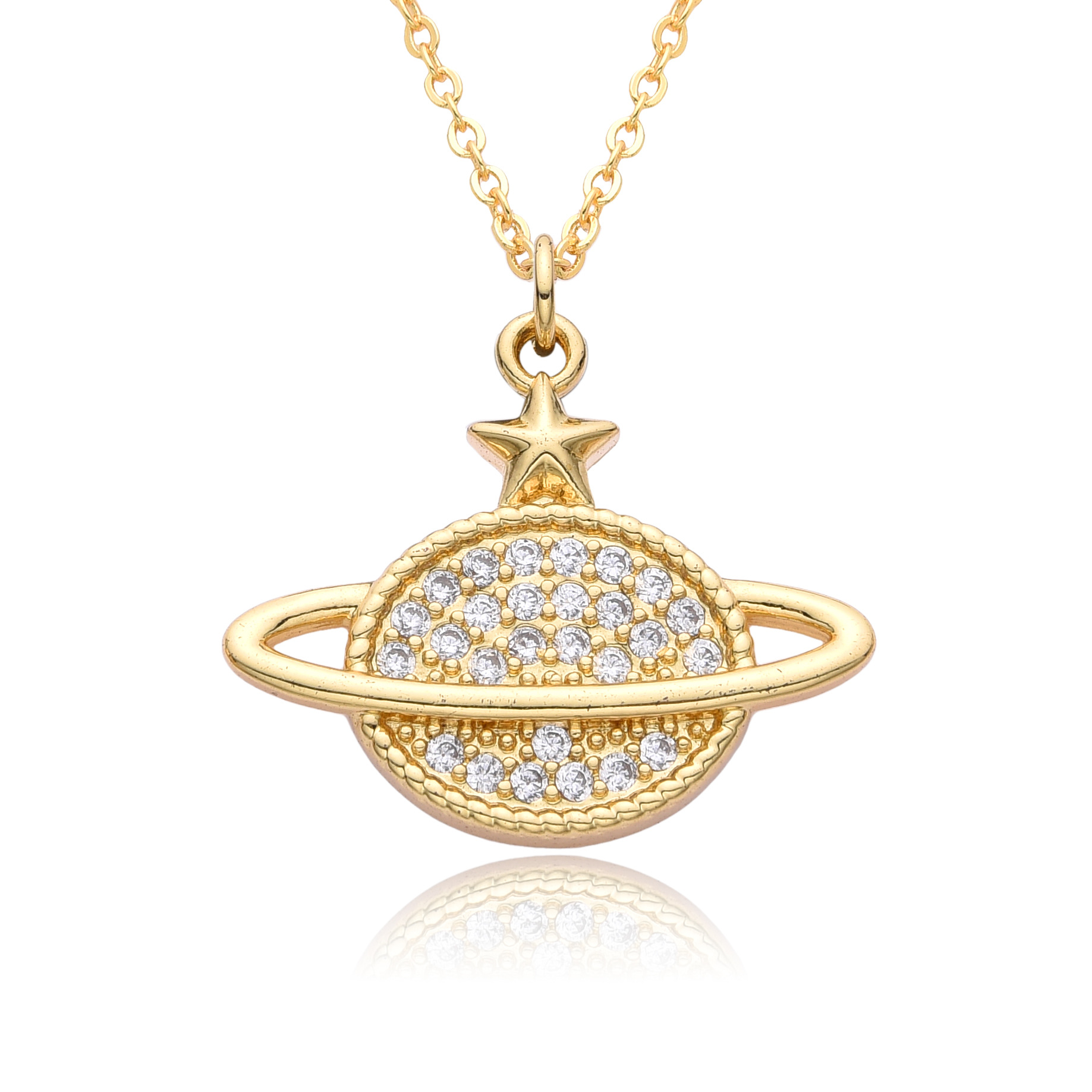 Copper Micro Inlay Color Zircon Personality Planet Pendant Plated 18K Gold Necklace