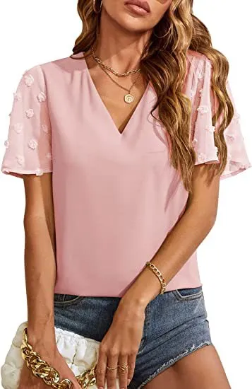 Women's Chiffon Shirt Fur Ball Short Sleeve Shirt Pink - Shop at LoveMi