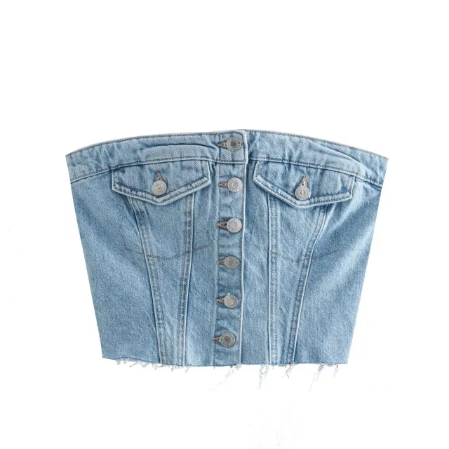 Women's Tube Top Button Denim Vest Light Blue - Shop at LoveMi