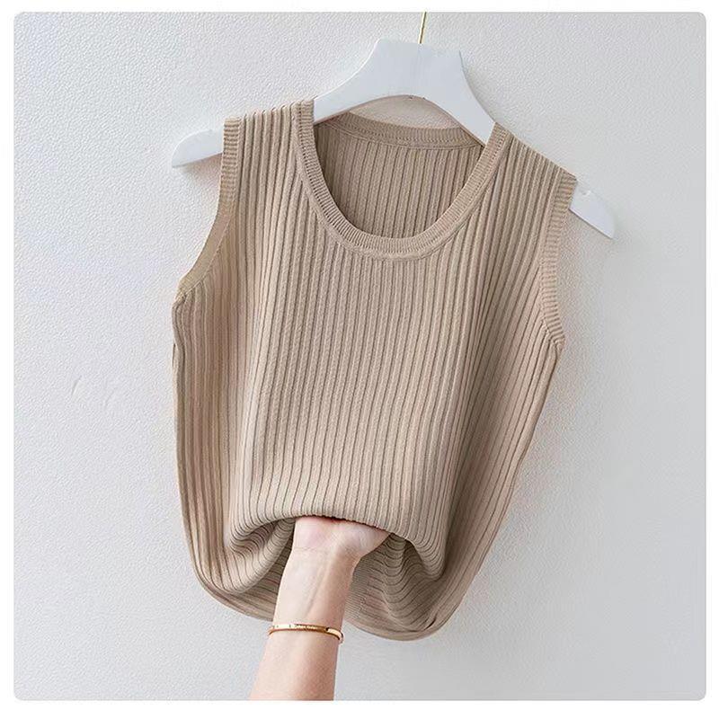 Women's Summer Ice Silk Round Neck Camisole Vest Knitted Bottoming Shirt Camel - Shop at LoveMi