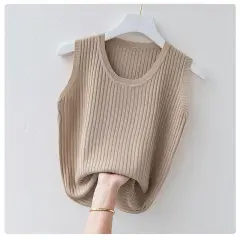 Women's Summer Ice Silk Round Neck Camisole Vest Knitted Bottoming Shirt - Camel - View 1