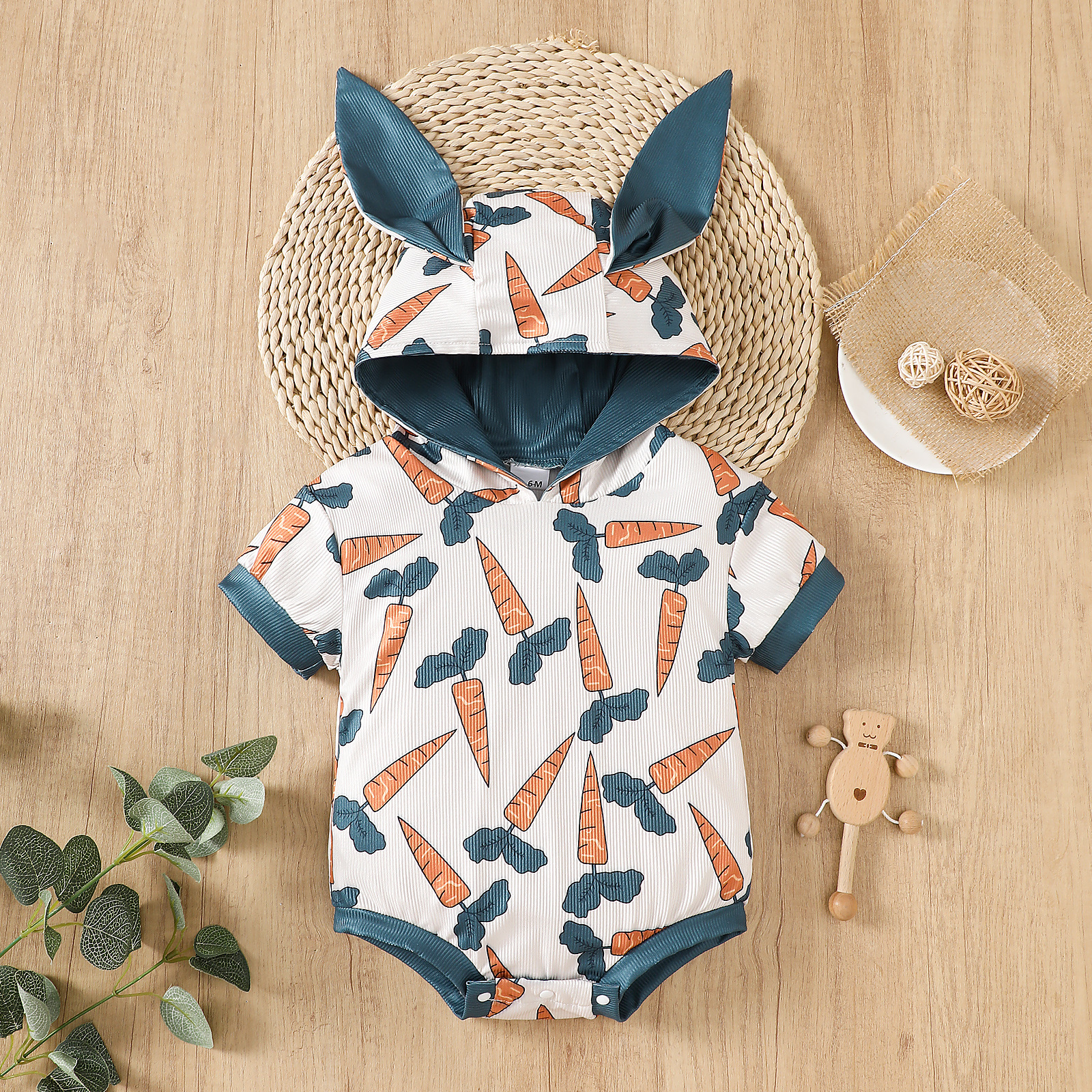 Cartoon Rabbit-ear Hoodie With A Lively Carrot Print Romper