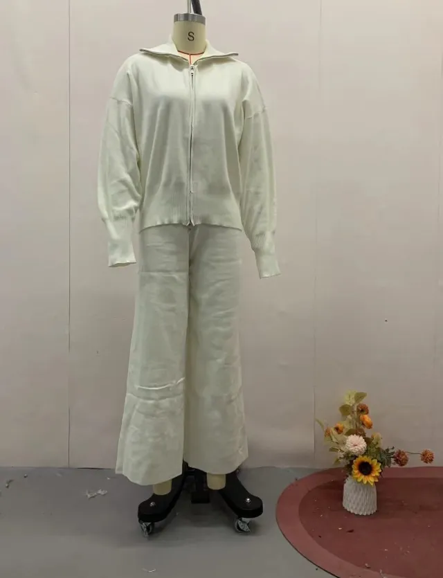 Solid color Slim fit Cropped Top And Slim fit Knit Pants Two piece Set White - Shop at LoveMi