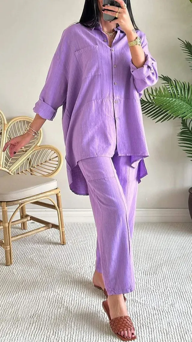Cotton And Linen Shirt Outfit High Waist Loose Purple - Shop at LoveMi
