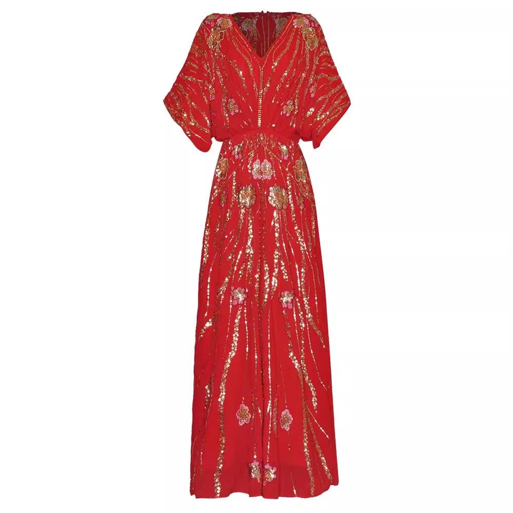 V-neck Bat Sleeve Heavy Duty Embroiderery Sequins Dress