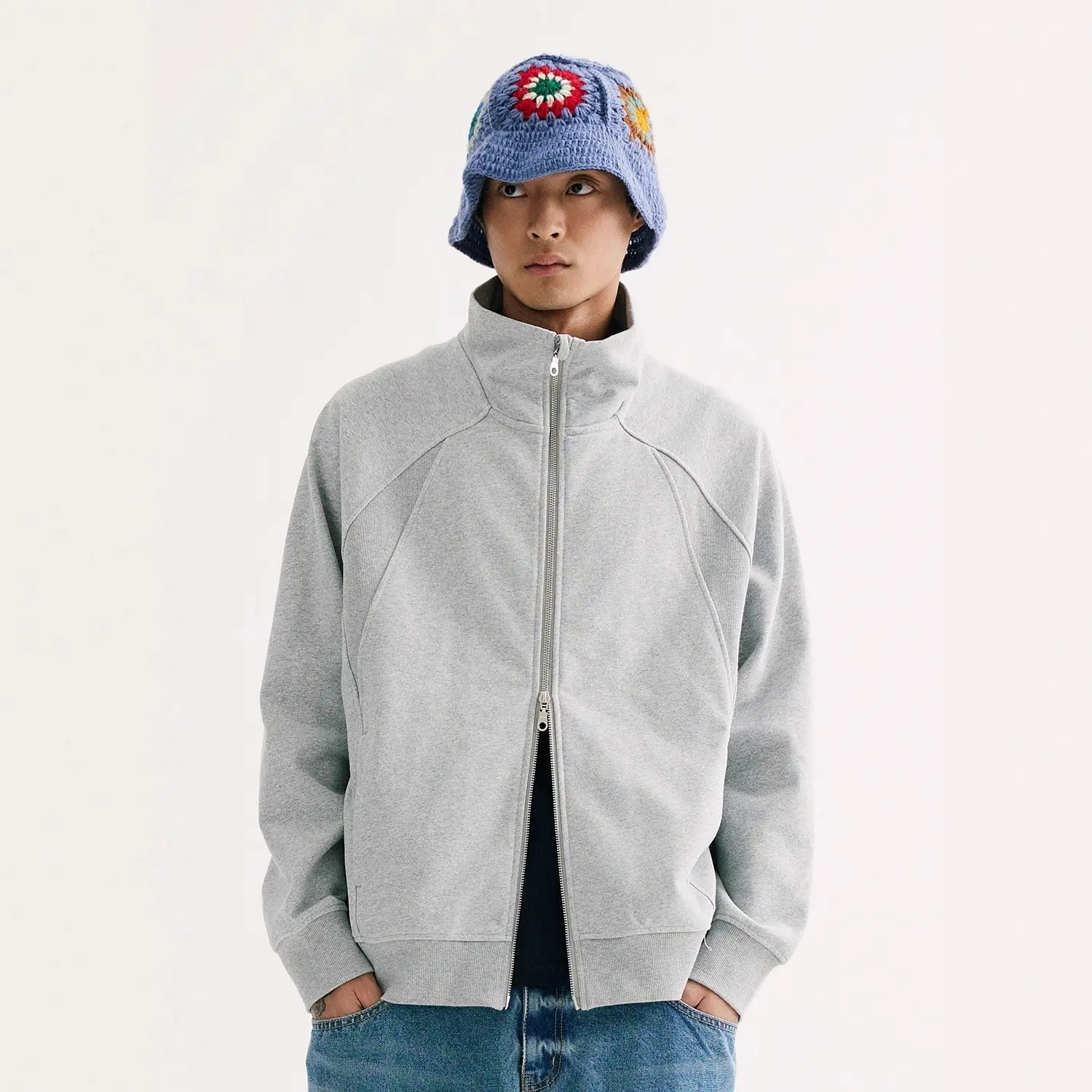 Retro Solid-color Curved-cut Stand-collar Zip-up Hoodie