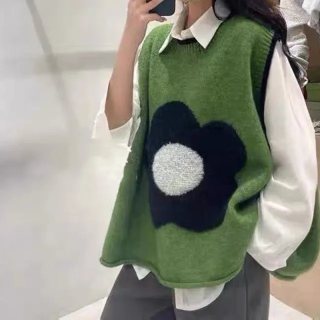 Spring Autumn Outerwear Lace up Towel Embroidery Flower Knitted Vest Green - Shop at LoveMi
