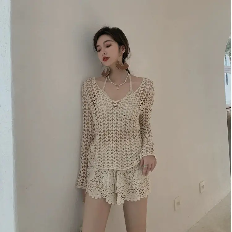 Hollowed-out Embroidery Knitted Female Suits
