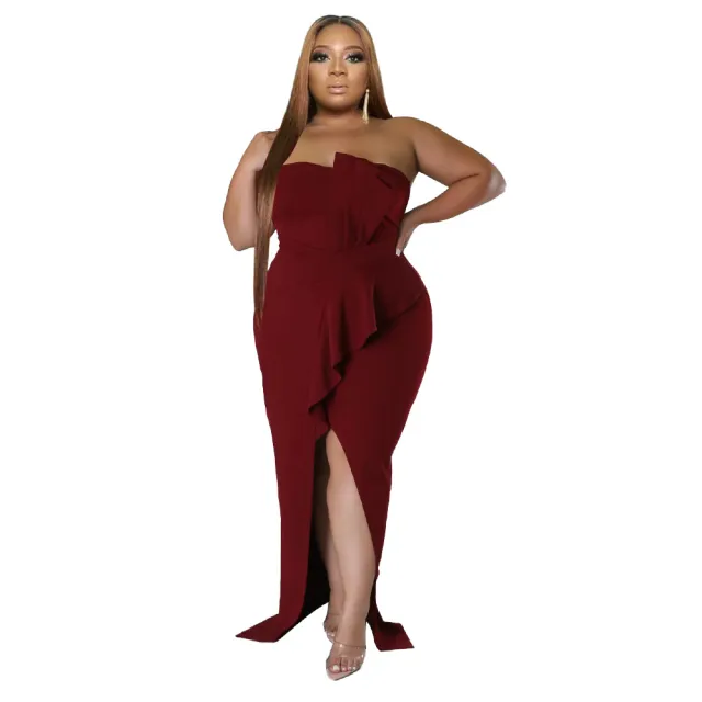 Women's Elegant High Waisted Sexy Bodycon Split Dress Wine Red - Shop at LoveMi