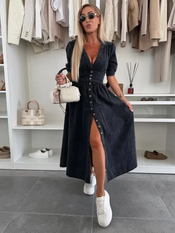 V neck Short Sleeve Loose Denim Long Button Dress Black - Shop at LoveMi