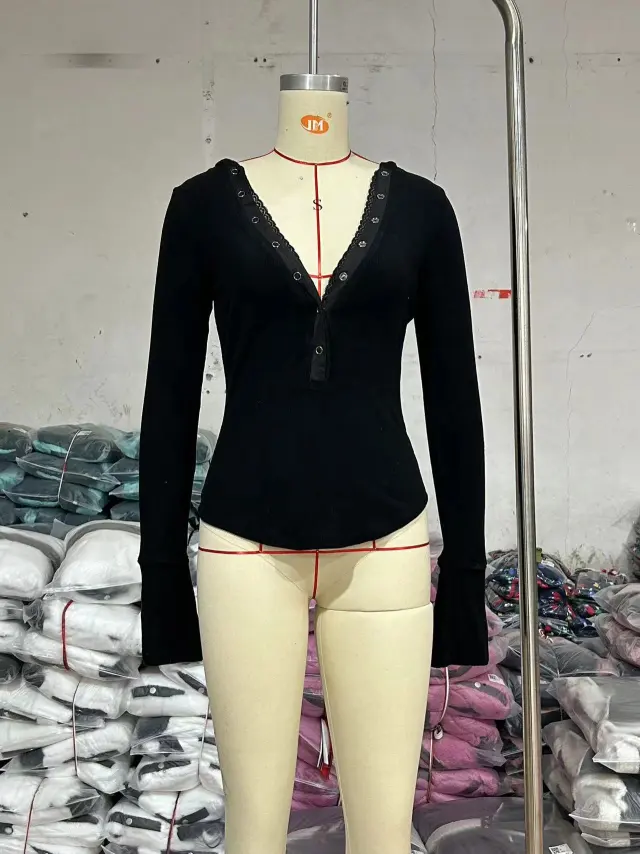 Solid Color Long Sleeve Single breasted Hooded T shirt Black - Shop at LoveMi