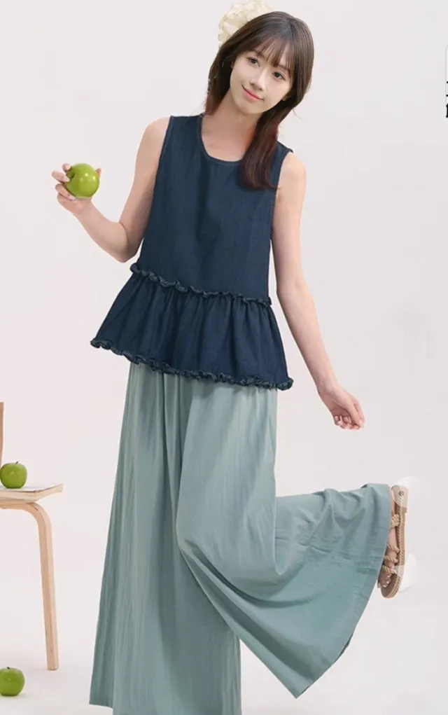 Ruffled Stitching Fashion Casual Loose All matching Jeans Vest Top Blue - Shop at LoveMi