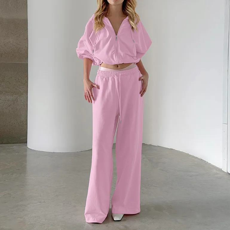 Long Sleeve Hoodie Coat Straight Sweatpants Two-piece Set - Pink