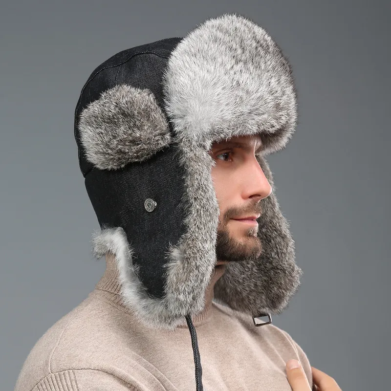 Rabbit Fur Unisex Thickened Warm Ear Protection Cold-proof Outdoor Hat - Cowboy Black