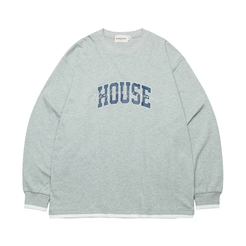 Letter Printed T-shirt Fake Two Pieces Round Neck Loose Long Sleeves - Flower Gray