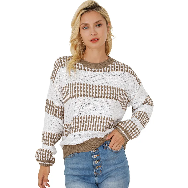 European And American Casual Loose Round Neck Contrast Color Knitwear - Color-Xl