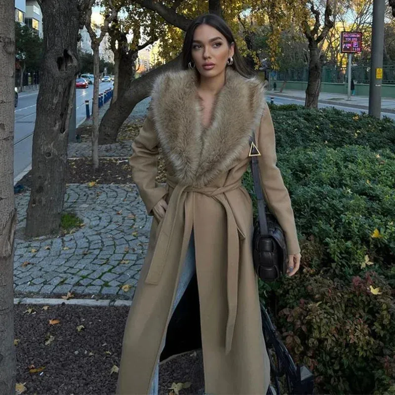 Women's Personality Street Lace-up Turn-down Collar Long-sleeved Coat - Khaki