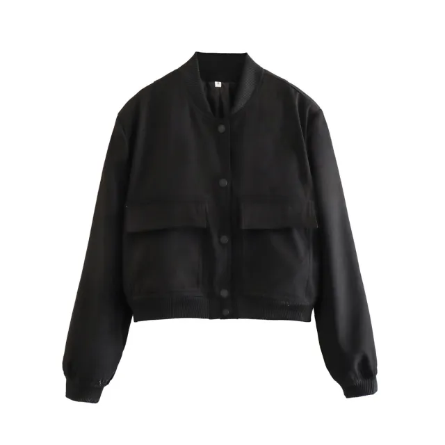 Autumn Y2g Stand Collar Double Pocket Biker Pilot Jacket Top Black - Shop at LoveMi