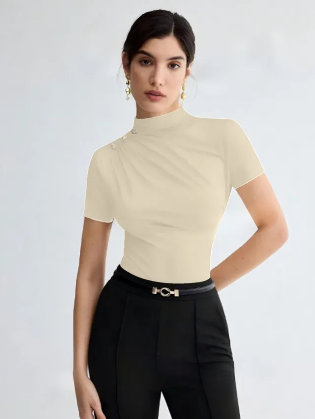 Women's Summer Solid Color Elegant Pleated Short Sleeves T shirt Apricot - Shop at LoveMi