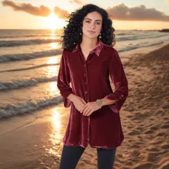Gold Velvet Bell Sleeve Shirt With Lapel Slit Button Front Casual And Loose - Wine Red - View 1