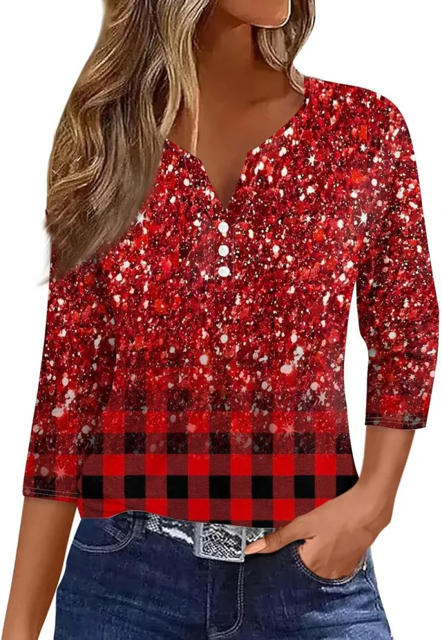 Women's V neck Three button 34 Sleeve Solid Color Gradient Floral Top Jyq4627603 - Shop at LoveMi