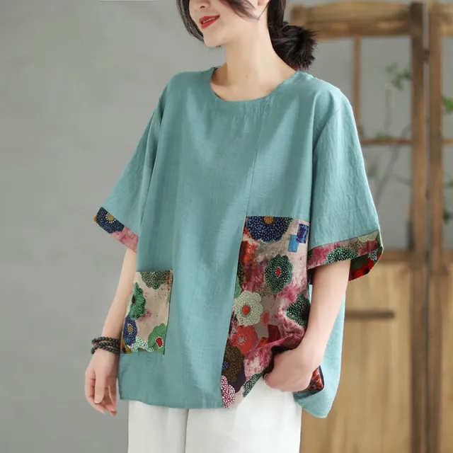 Retro Loose All match Fake Two Pieces Leisure Color Matching Printed Top Blue - Shop at LoveMi